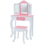 Teamson Kids Princess Gisele Polka Dot Print 2-Piece Kids Wooden Play Vanity Set with Vanity Table, Tri-Fold Mirror, Storage Drawer, and Matching Stool, White with White/Pink Polka Dot Accent