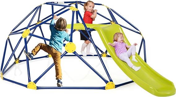 Costzon Climbing Dome with Slide, 8FT Kids Jungle Gym Monkey Bar Climbing Toys for Outdoor, 2 in 1 Indoor Geometric Dome Climber Playground Set for 3-8 Boys Girls Toddlers Backyard Gift Present