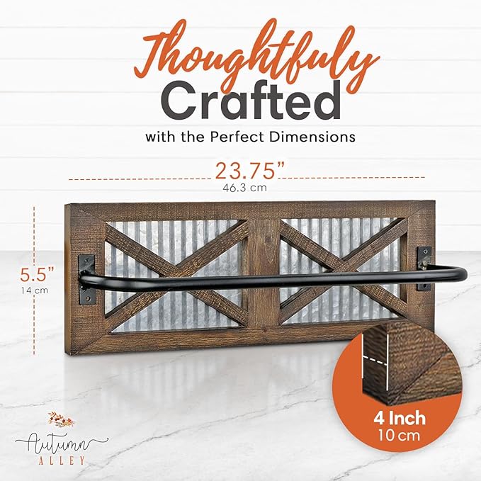 Autumn Alley Wall Mounted Towel Rack Holder for Bathroom, Kitchen, Garage – Rustic Wood Farmhouse Industrial Towel Rack with Barnwood Barn Door Panel, Modern Matte Black Bar Rod, Unique Shiplap Design