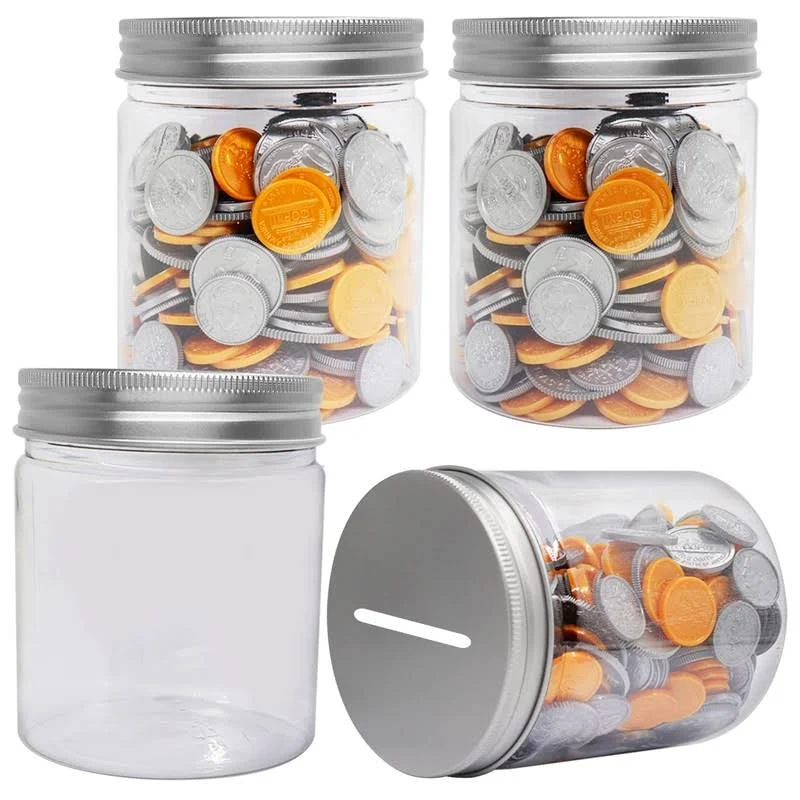 Mczcent Small Coin Bank Jars 4-Pack, 16oz Clear Plastic Coin Money Tip Coin Jars with Silver Slotted Lids, Small Transparent Plastic Coin Money Piggy Banks Jars for Adults Teens Kids Girls Boy, Silver