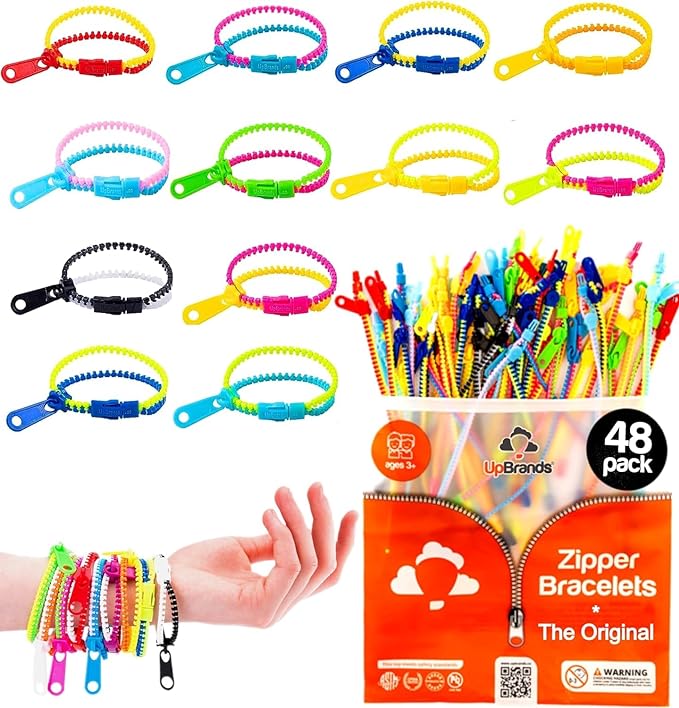 UpBrands Zipper Bracelets 6.5 Inches Sensory Toys Bulk Set, Multicolored, Kit for Birthday, Party Favors for Kids, Goodie Bags, Easter Egg & Pinata Fillers, Students Incentives (48 Pack)