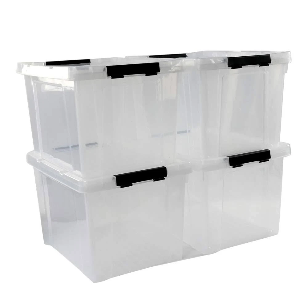 Ggbin 34 Quart Clear Storage Tote, Plastic Bin with Black Latch, 4 Packs