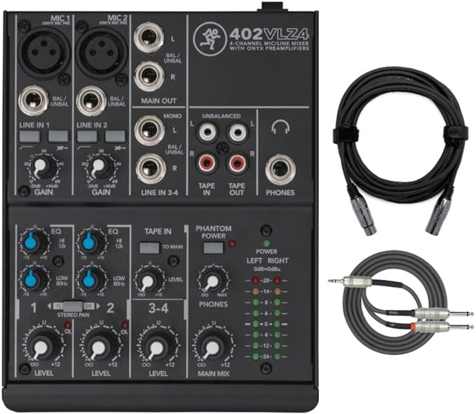 Mackie 402VLZ4 4-Channel Mixer with Knox XLR Cable and Kirlin 1/4-Inch TRS Cable