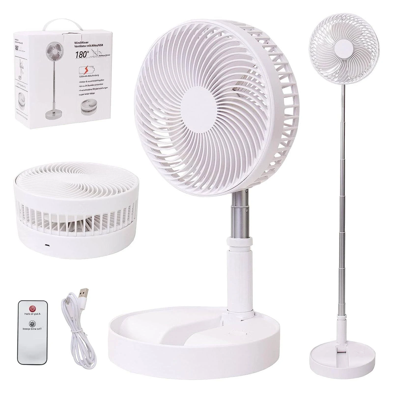 Portable Desk Fan,Foldable Fan Pedestal Stand Floor Fan with Remote Controller Adjustable Height from 14.2'' to 39'', 4 Speeds, 7200mAh Rechargeable Telescopic USB Charging