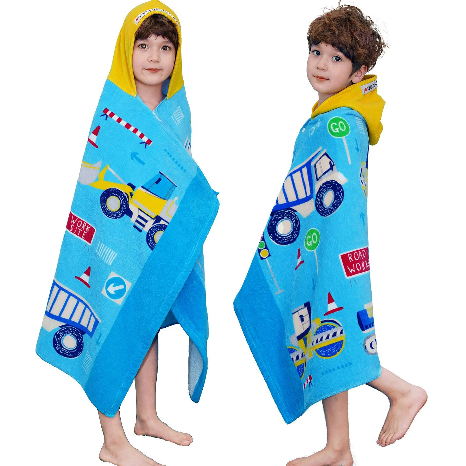 VOOVA & MOVAS Kids Towels Age 3-10, Soft | Thick | 100% Cotton, Large Absorbent Beach, Bath, Pool, Swim Towels | Cover up for Boys | Excavator Vehicle