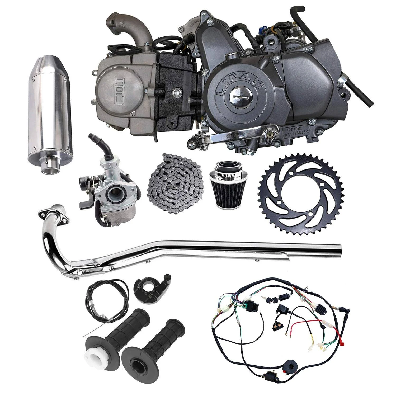 Full Set of Lifan 125cc Engine Semi-Auto 4 Stroke Motor with Wiring Harness Carburetor Chain Sprocket Exhaust Muffler Pipe for Trail Bike CT70 90 110 125 Dirt Bike Trike