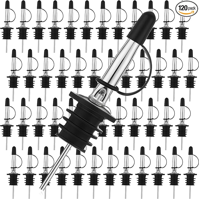 Epakh 120 Pieces Speed Liquor Bottles Pourer, Stainless Steel Liquor Spout Wine Alcohol Pourers with Siamese Rubber Cap Bar Tapered Fits Most Classic Bottle Mouth 3/4 Inch