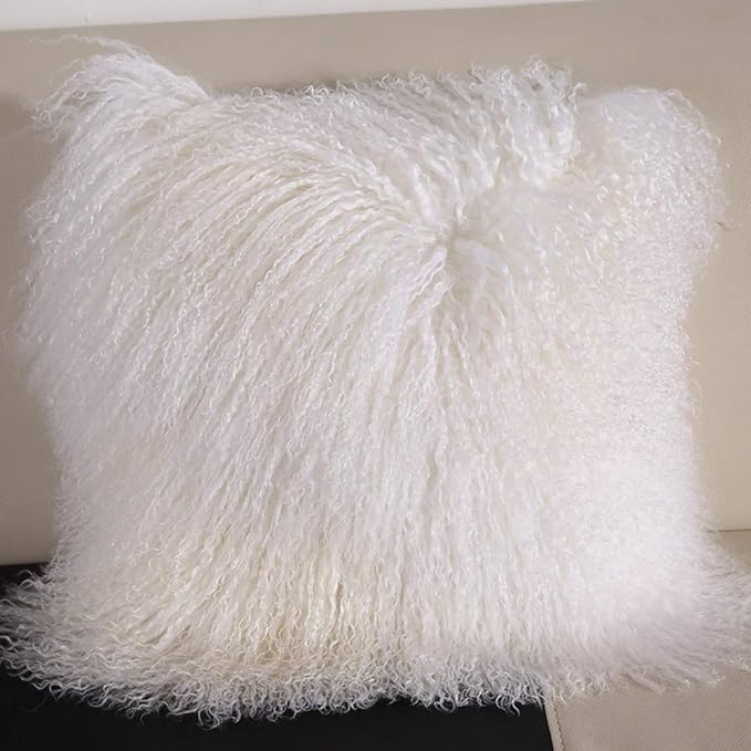 Real 100% Tibetan Mongolian Lamb Sheepskin Wool Fur Super Soft Plush Leather Pillowcase Cushion Cover,White 20x20inch