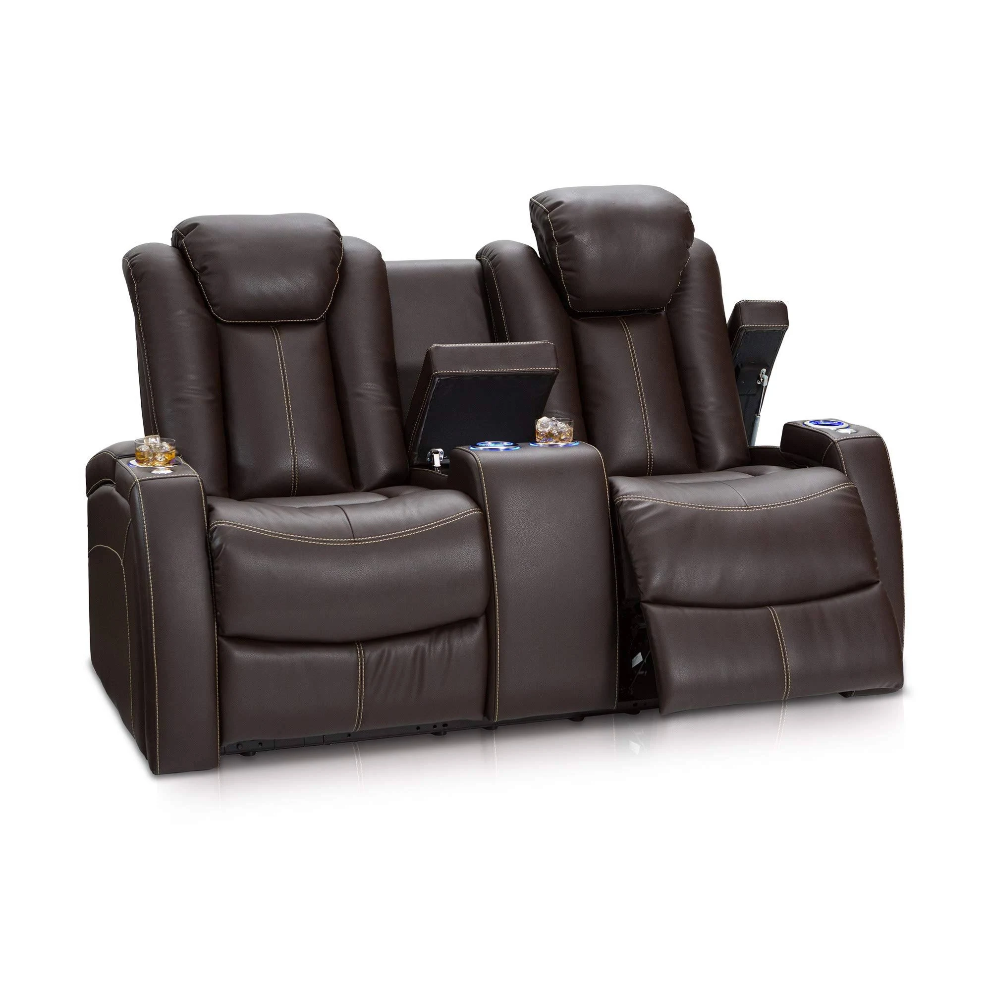 Seatcraft Omega Leather Gel Home Theater Seating Power Recline Loveseat with Center Storage Console and Cup Holders, Brown