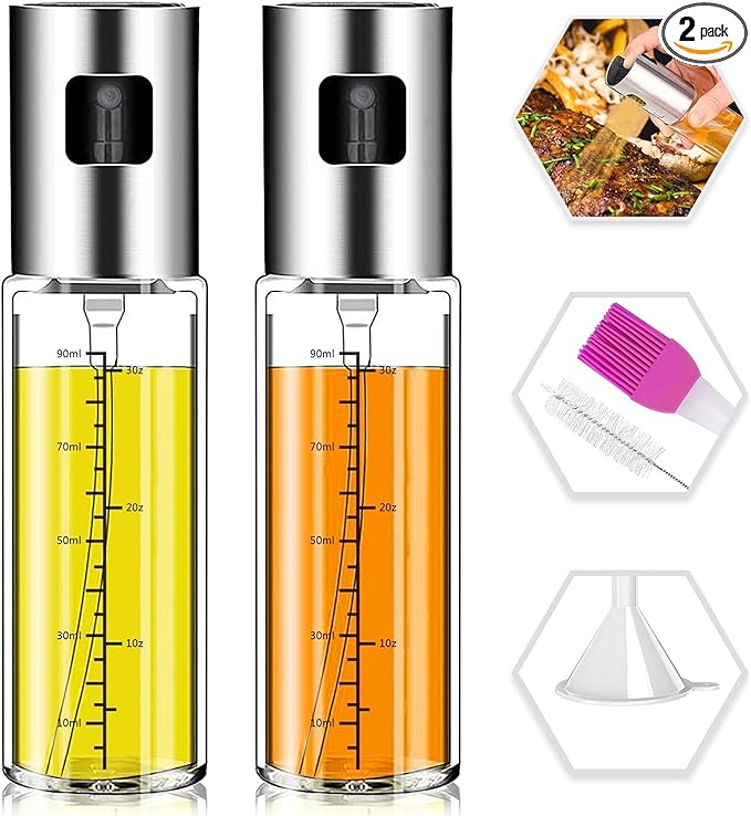 Oil Sprayer for Cooking, 2 Pack Upgraded Olive Oil Spray Bottle Mister Refillable with Scale Air Fryer Accessories for Kitchen, Salad, Baking, BBQ, Frying