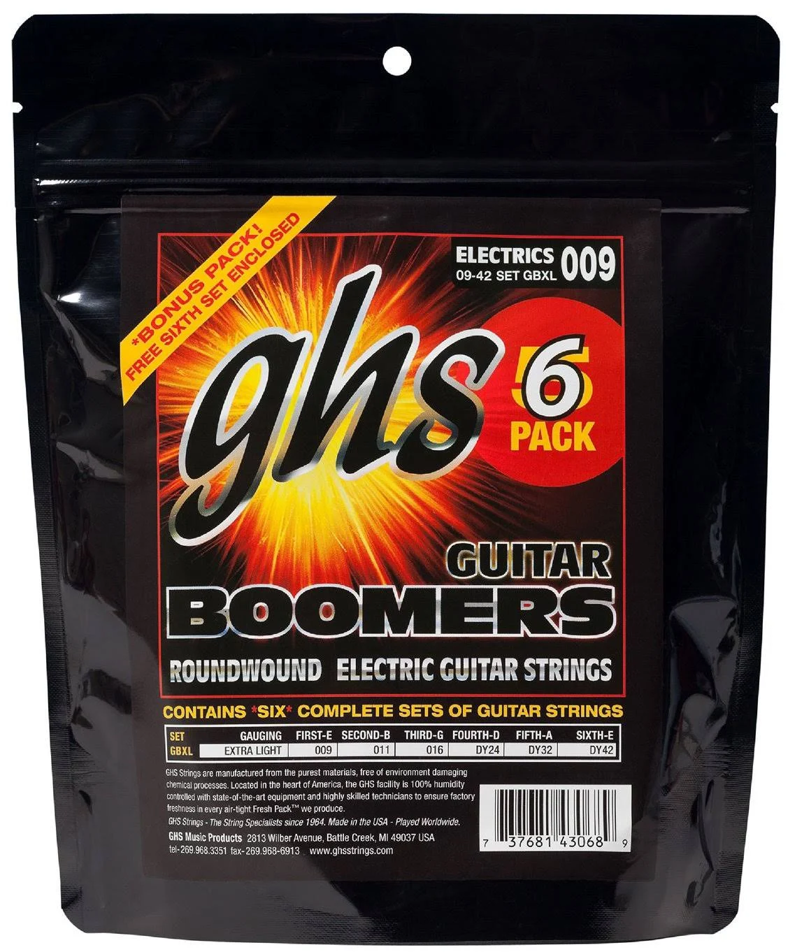 GHS Strings GBXL-5 Guitar Boomers, Nickel-Plated Electric Guitar Strings, Extra Light, 6 Pack (.009-.042)