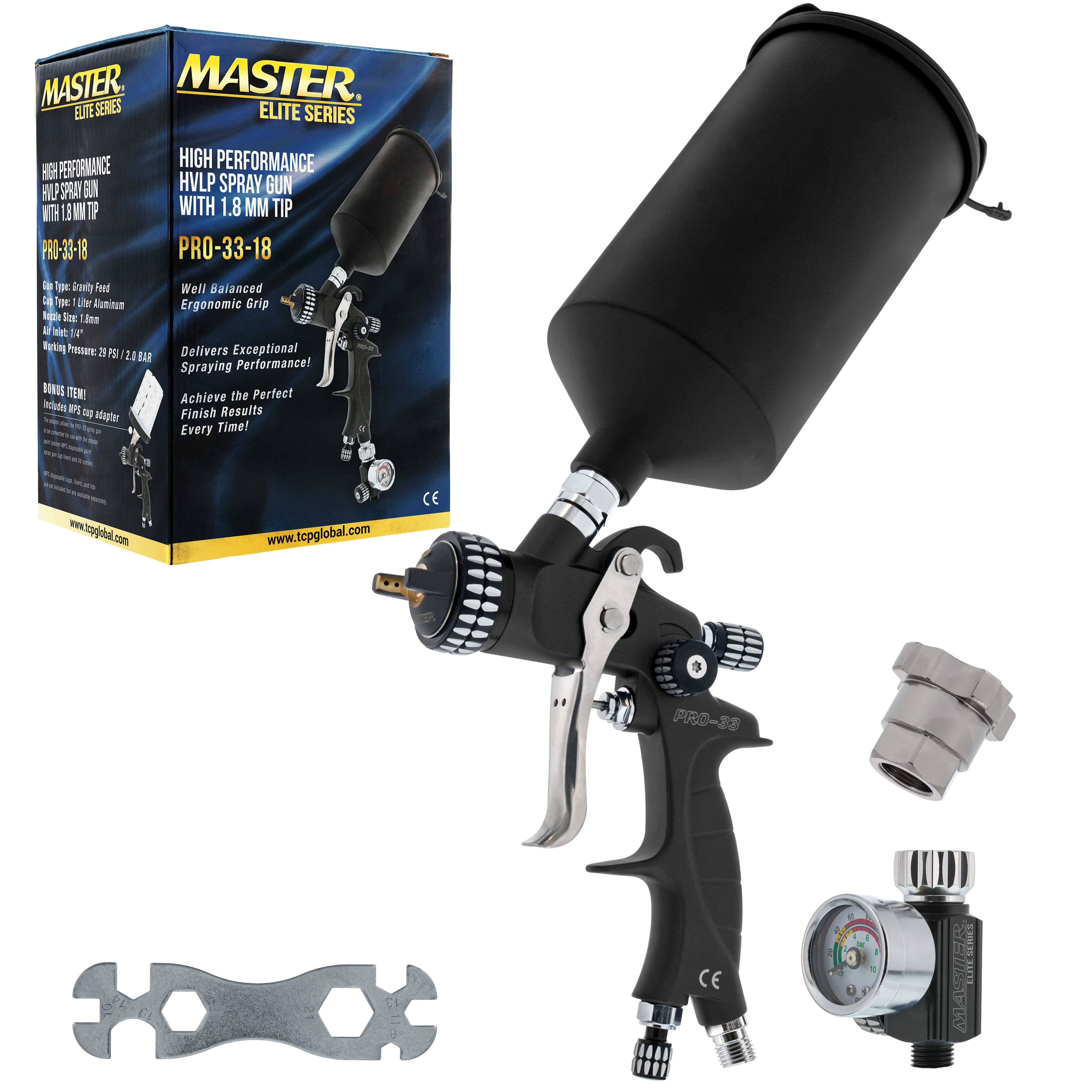 Master 33 Series HVLP Spray Gun, 1.8mm Tip, Air Regulator, Auto Paint Primer