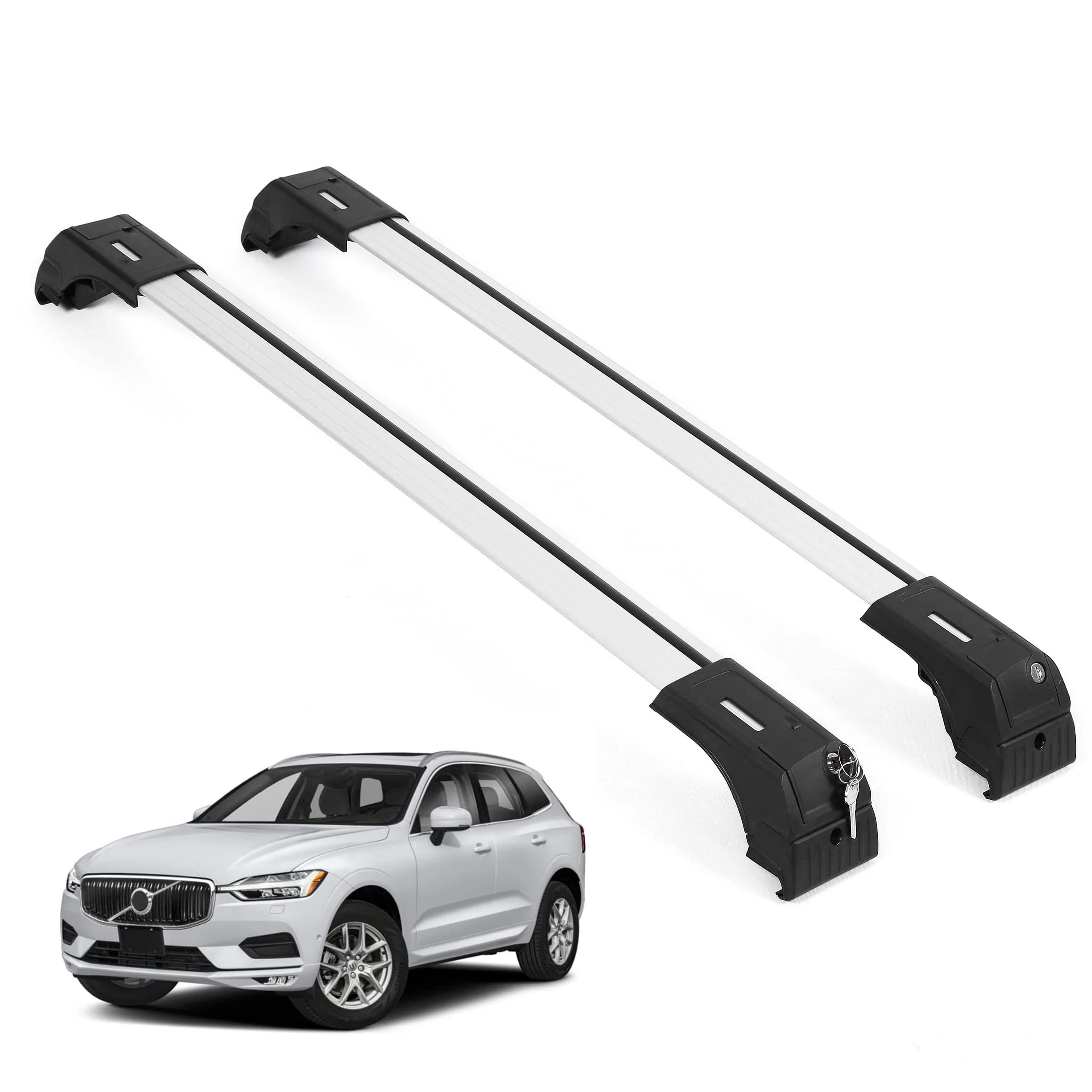 ERKUL Roof Rack Cross Bars for Volvo XC60 2018-2024 | Aluminum Crossbars with Anti Theft Lock for Rooftop | Compatible with Flush Rails - Silver