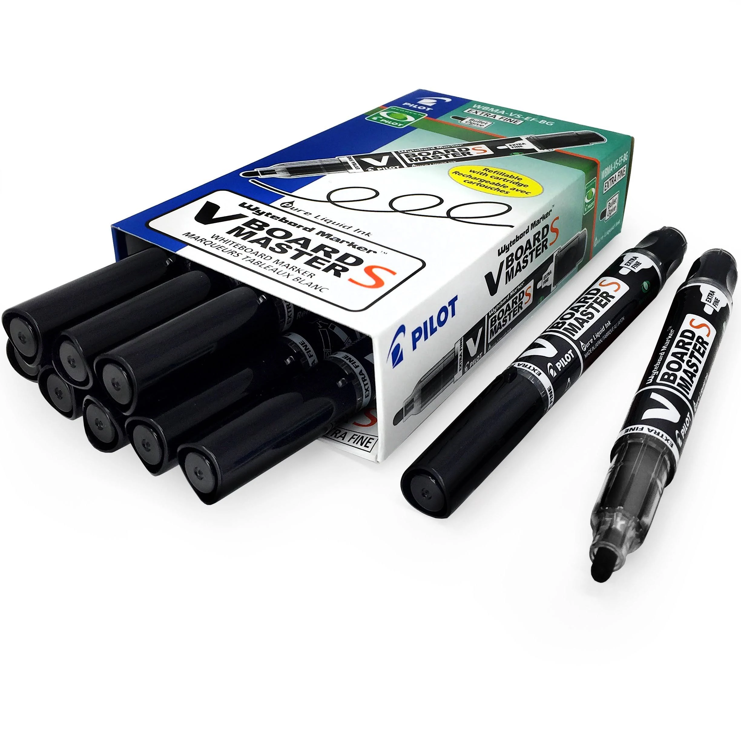 Pilot Begreen V-Board Master Whiteboard Marker – Extra Fine Bullet Tip – Black Ink – Pack of 10