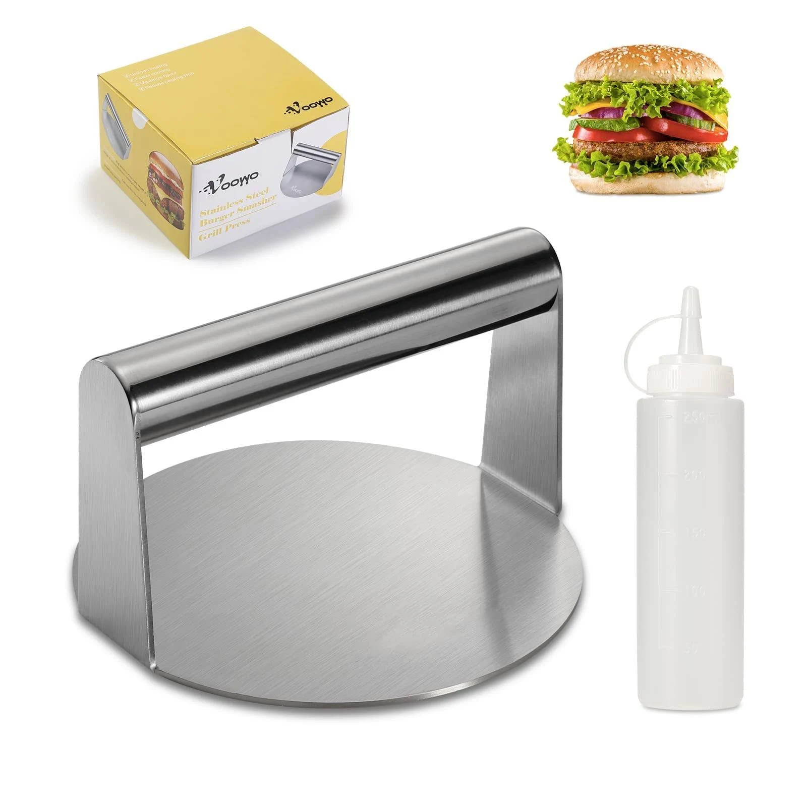 VOOWO Burger Press, 5.5inch Smash Burger Press Stainless Steel Burger Smasher, Round Bacon Press with 8 oz Condiment Squeeze Bottles, Perfect for Flat Top Griddle Grill Cooking