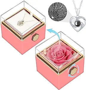 HMASYO Gift for Mom, Wife, Girlfriend, Grandma, Preserved Real Rose Forever Flower Gift Jewelry Box with I Love You Necklace, Gift for Her Mother's Day, Valentine's Day, Birthday, Anniversary