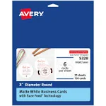 Avery Round Business Cards with Sure Feed Technology, 3" Diameter, Matte White, 150 Round Cards Total, Print-to-the-Edge, Laser/Inkjet Printable Cards (5328)