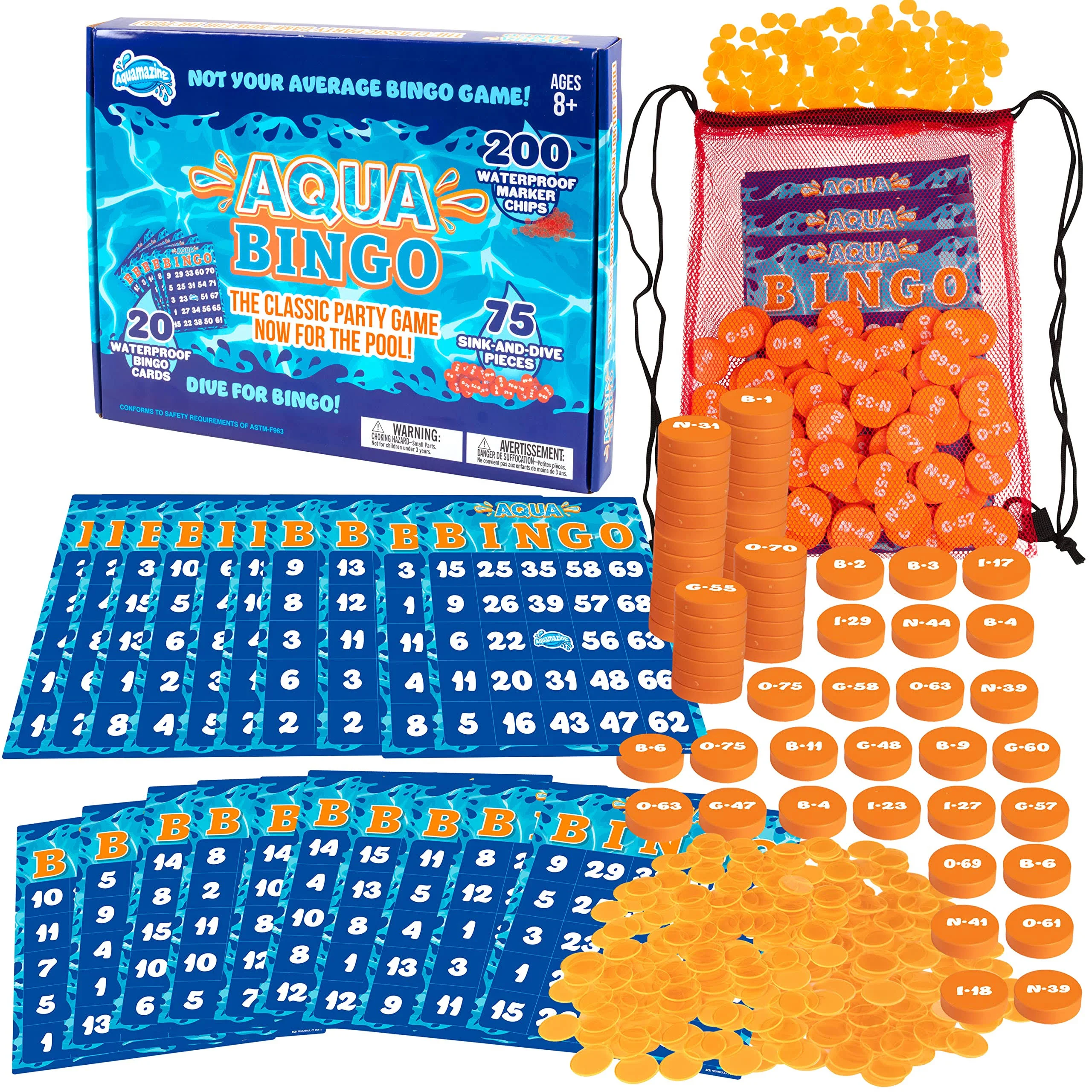 Aqua Pool Bingo Diving Game for Adults & Kids- Swim for & Call 75 Sinking Numbers, Fill Your Card To Win- Includes 200 Marker Chips, 10 Waterproof Play Cards, Fun Birthdays & Summer Parties, Gift