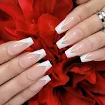 Hypnaughty 24 Pcs Modern White French Coffin Press On Nails with Design and Glue Medium Long Glue on Nails Nude Color with White French Tips False Nails (Modern White French)