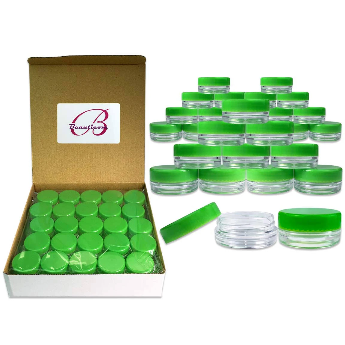 (100 Pieces Jars + Lid) Beauticom 3G/3ML Round Clear Jars with Green Screw Cap Lids for Scrubs, Oils, Toner, Salves, Creams, Lotions, Makeup Samples, Lip Balms - BPA Free