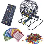 Deluxe Bingo Game Set with 6 Inch Cage, Master Board,75 Colored Balls a Bag, 50 Cards, and 500 Color Mix Chips Ideal for Large Groups