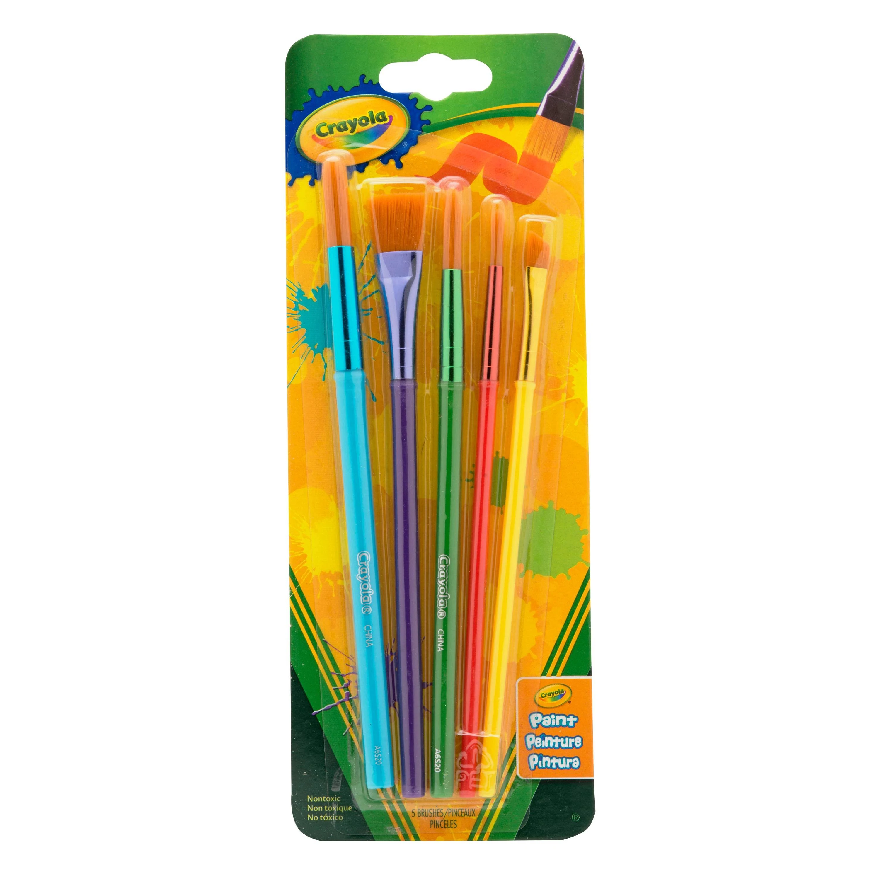 Crayola® Arts And Craft Brush Set, Assorted Sizes, Natural Hair, Angled, Flat, Round, 5/Set