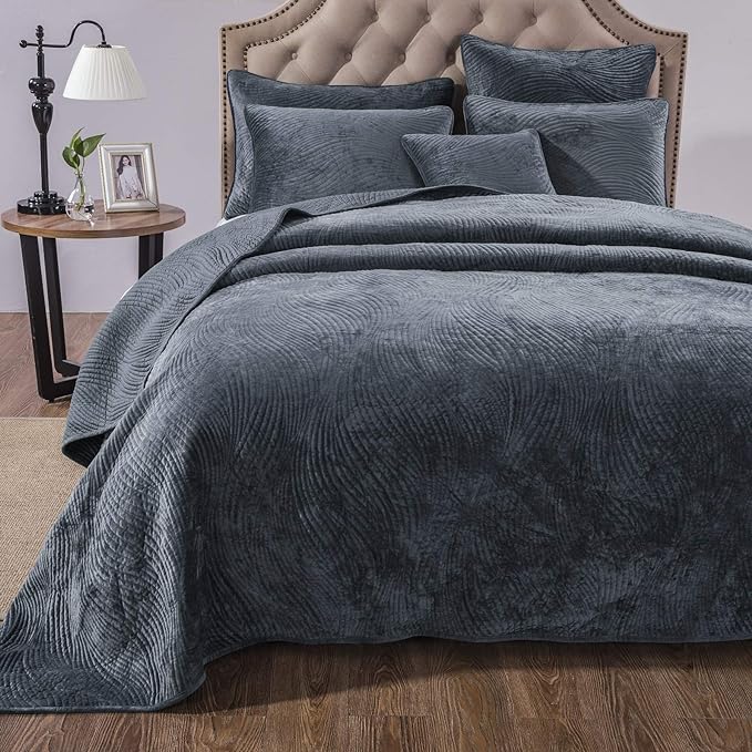 Tache Velvet Dreams Luxurious Velveteen Velour Super Soft Plush Warm Cozy Elegant Ripple Waves Stitch Quilted Coverlet Steel Navy Blue Bedspread Set, Queen