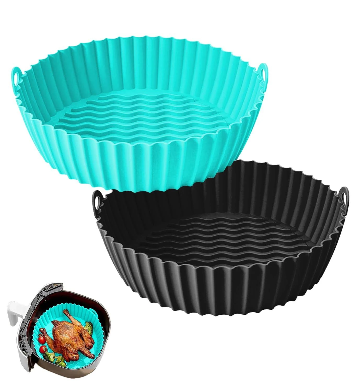 Air Fryer Silicone Liners 7.8 inch, Fits 3-6QT, Compatible with Ninja AF101/AF161/AF150, Gourmia, COSORI and More, Thickened, Weighted, Sturdy, 100% Food Safe Airfryer Liners 2pcs Black & Cyan