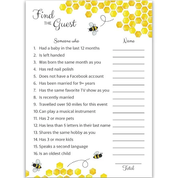 Bee Baby Shower Game Find The Guest Games Pack of 25 Mommy to Bee Bumble Bee ...