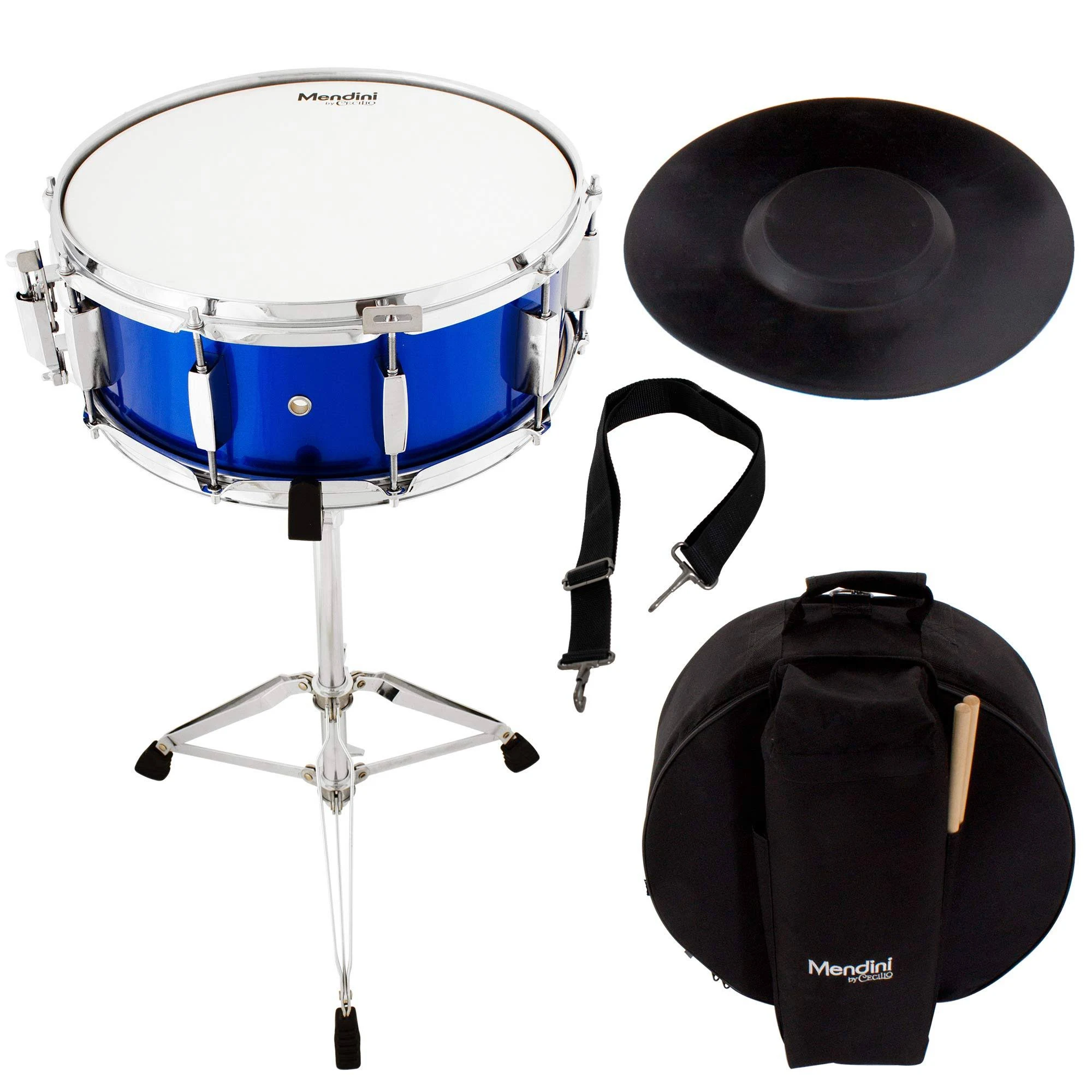 Mendini Student Snare Drum Set with Gig Bag, Sticks, Stand and Practice Pad Kit, Blue, MSN-1455P-BL