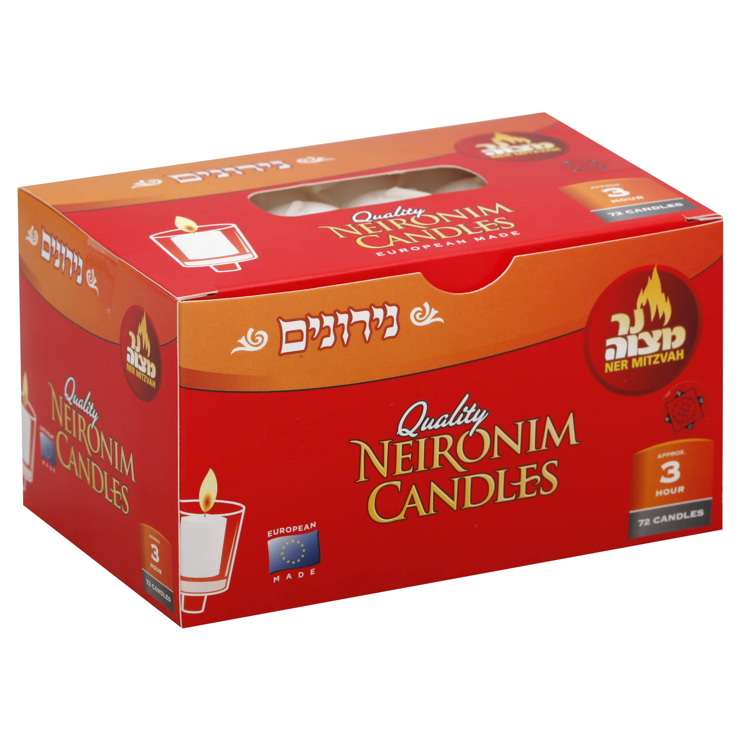 Ner Mitzvah 3 Hour Neironim Candles - Shabbat Neronim and Votive Wax Candle - 72 Count