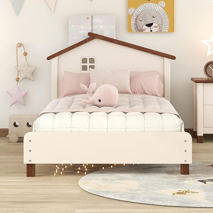 Bellemave Twin Size Platform Bed with Headboard, House Twin Bed with Support Slats, Wooden Kids Twin Size Bed Frame for Boys Girls, No Box Spring Needed, Bedroom Furniture (Cream+Walnut)