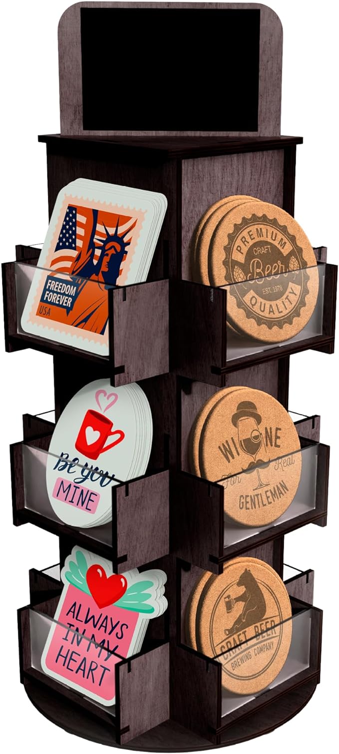 3 Tier Rotating Sticker Display Stand for Vendors, Black Wooden Countertop Organizer Shelf for Coasters, Retail, Showcase, Tradeshow