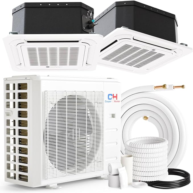 Cooper&Hunter 18,000 BTU, 22.9 SEER2, Multi Zone, Dual 9,000 + 12,000 BTU Ductless Mini Split Ceiling Cassette Air Conditioner Heat Pump including 25ft Installation Kits