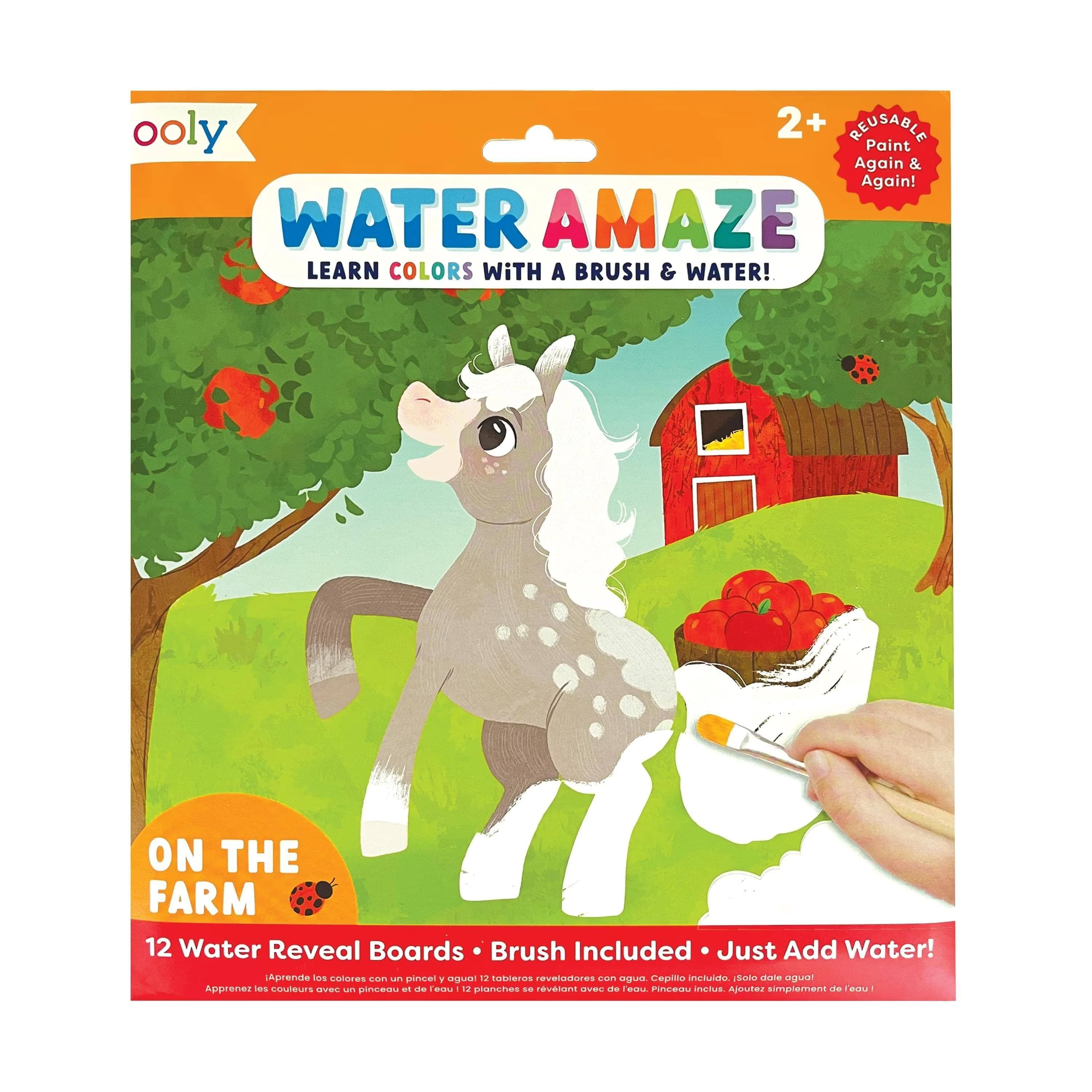 Ooly Water Amaze -Includes 12 Reveal Boards & Brush, Reusable Water Reveal Pads for Kids, Water Coloring Books for Toddlers, Paint with Water Books for Toddlers 1-3 [On The Farm]