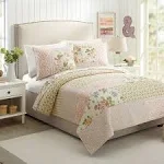 Mary Jane's Home Sweet Blooms 100% Cotton Patchwork Floral Pink Shabby Chic Vintage Quilt, Girls and Teens Coverlet - Full Queen Size