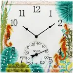 Taylor Seahorse Poly Resin Indoor and Outdoor Clock and Thermometer, Home Decor for Garden, Patio, Pool, and Indoor Areas, 14-inch, Multi-Color