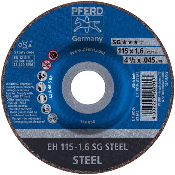 PFERD 63162 Depressed Centre Cut-Off Wheel, Type 27, Aluminum Oxide A, 4-1/2" Diameter x .045" Thickness, 7/8" Bore, 13300 Max RPM (Pack of 25)