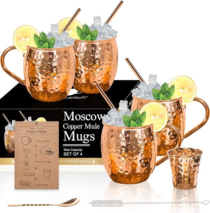 Airbin Moscow Mule Copper Mugs - Set of 4-100% Handcrafted Solid Copper Mugs, Gift Set with 4 Copper Straws, 1 Stirring Spoon, 1 Copper Shot Glass, 1