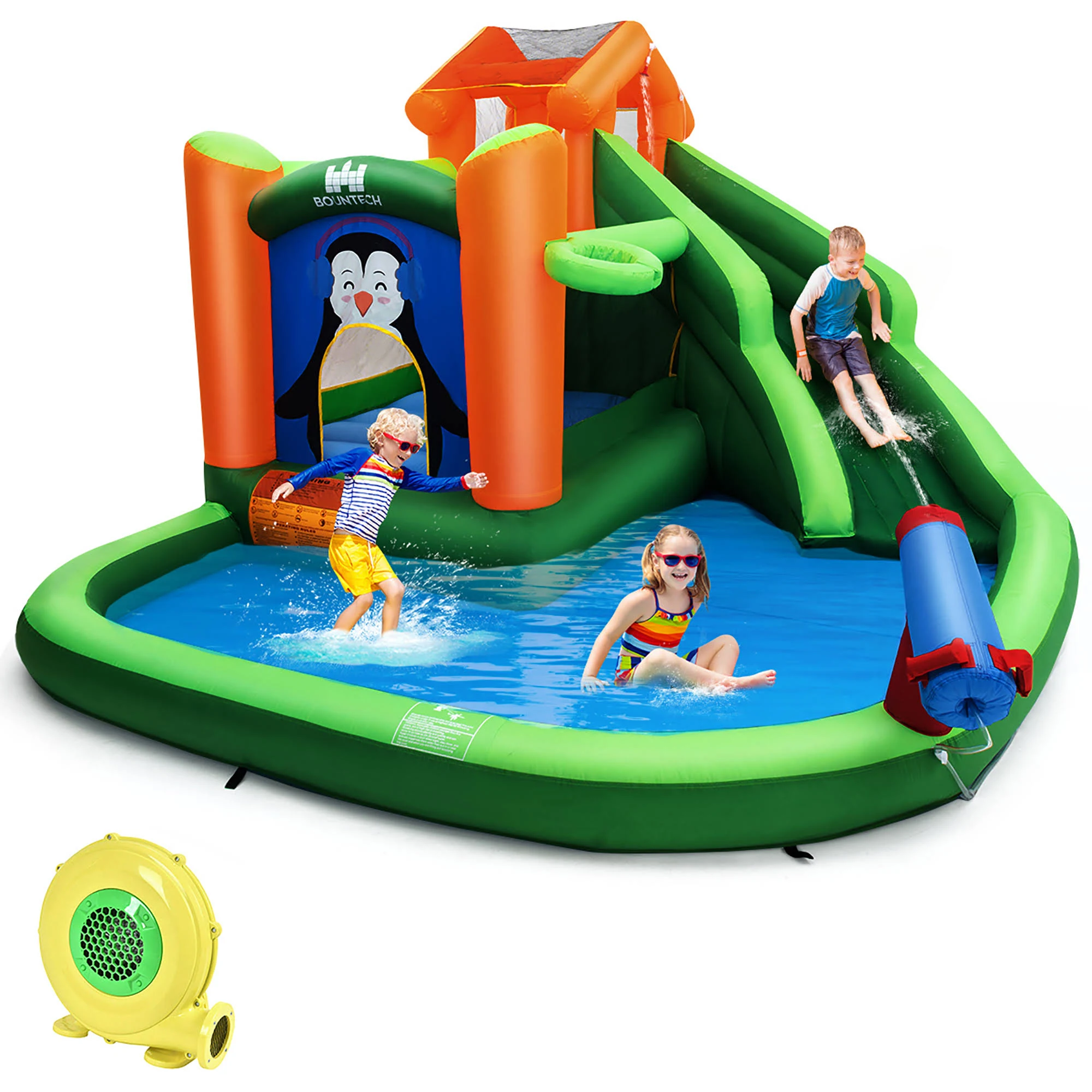 Inflatable Water Park Slide Bouncer with Splash Pool, Cannon, and Blower