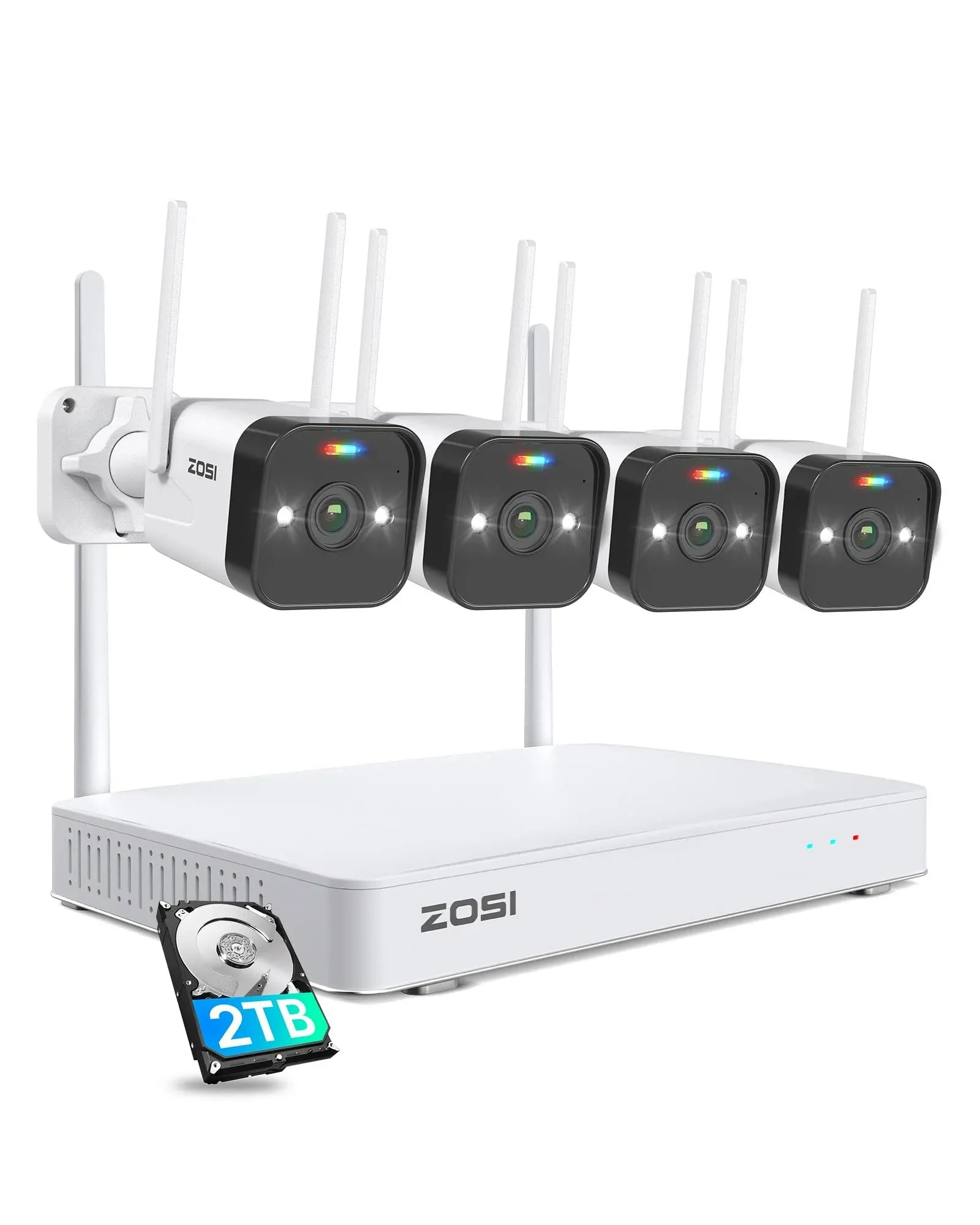 ZOSI 2.5K WiFi Security Camera Wireless Outdoor System,2TB HDD,8 Channel NVR for 24/7 Recording,4 x 4MP Cameras for Home with Color Night Vision,Person Vehicle Detection,2-Way Talk,Siren Alarm,Plug-in