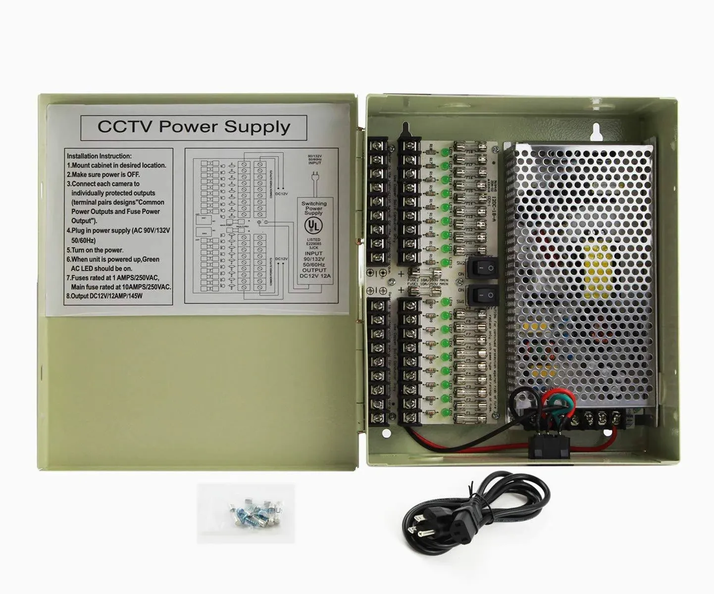 18 Outputs 12 Amp 12V DC CCTV Distributed Power Supply Box for Security Camera, UL Listed