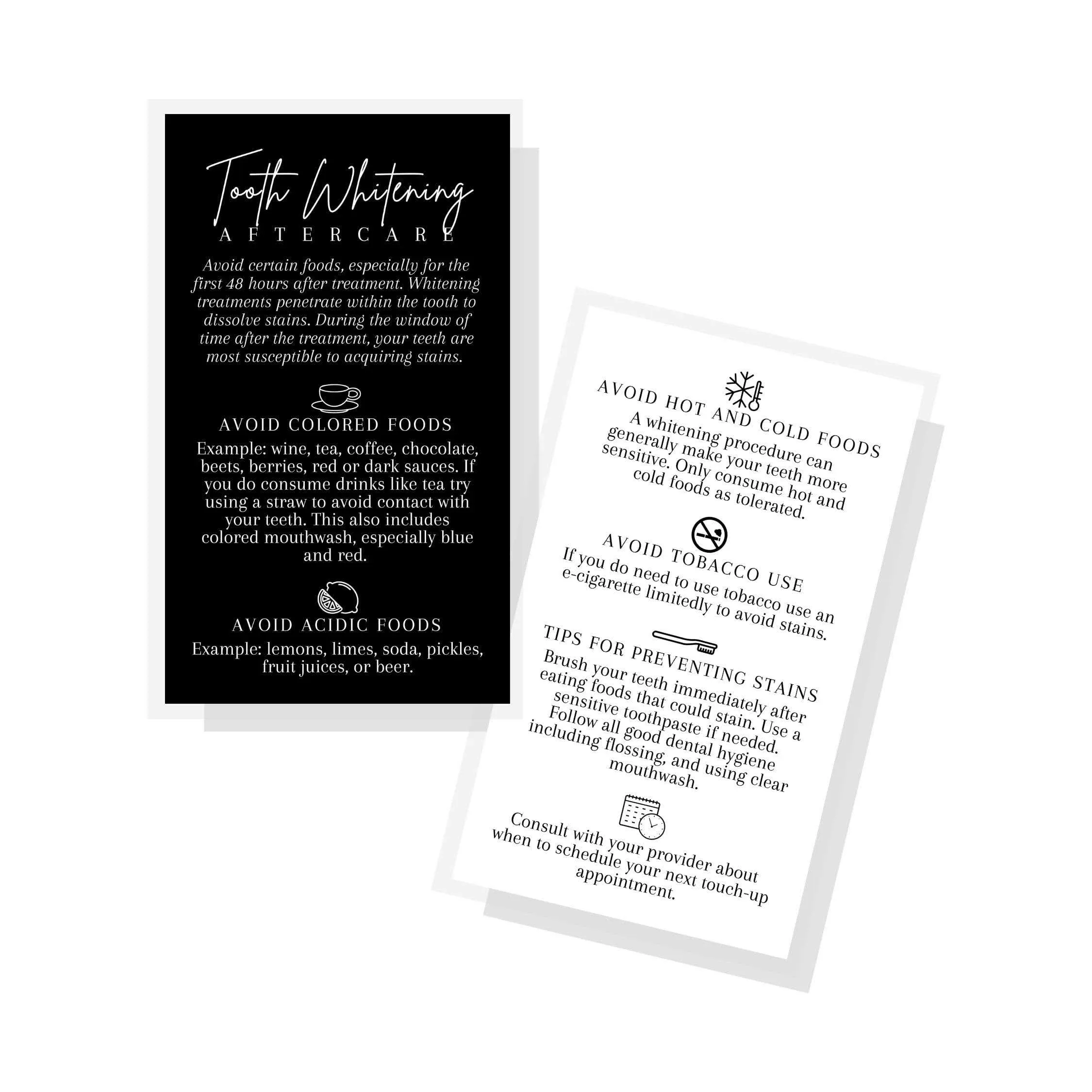 Boutique Marketing Tooth Whitening Aftercare Cards | 50 Pack | Size 2x3.5'' inch Business Card | Dentist Supplies | Black & White with Icons Design