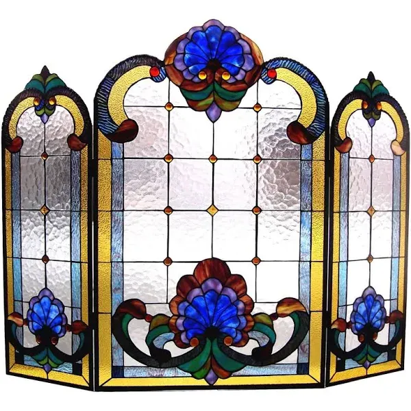 Chloe Lighting Tiffany-glass 3pcs Folding Victorian Fireplace Screen