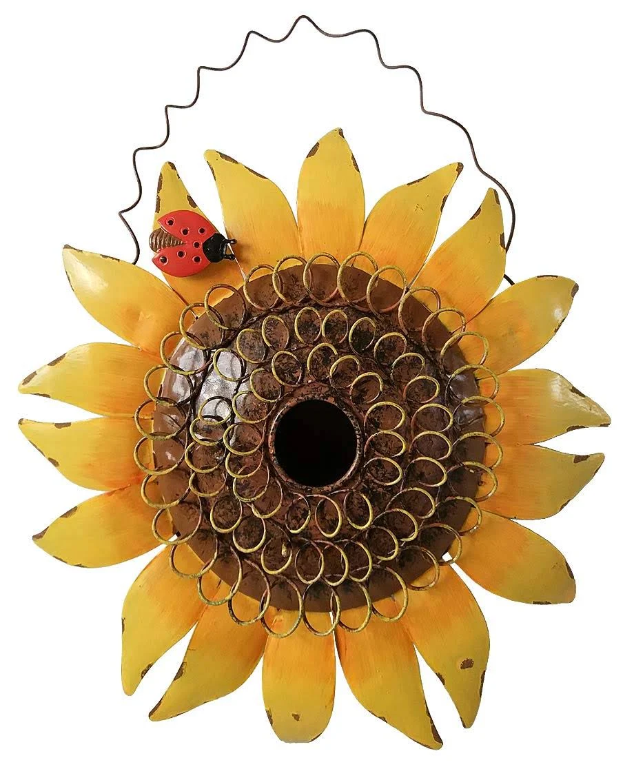 Metal Sunflower Decor with Ladybug, Hanging Decorative Hand Painted Bird House Garden Patio Yard Home Decor Indoor Outdoor 12''x12''