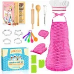 Toyze Gifts for 3-8 Year Old Girls, Kids Apron for Girls Kids Cooking Set, Toddler Apron for Kids Chef Hat and Apron, Toys for 3-12 Year Old Girls 20Pcs Pink- with Cookbook