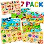 7 Pack Wooden Puzzles for Toddlers 2 3 4 5 Years Old - 7 Colorful Chunky Wood Peg Puzzles for Kids Ages 2-5 Alphabet Shape Numbers Fruits Sea