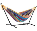 Vivere Double Cotton Hammock with Space Saving Steel Stand, Denim (450 lb Capacity - Premium Carry Bag Included), Denim with Charcoal Frame, 1 Count