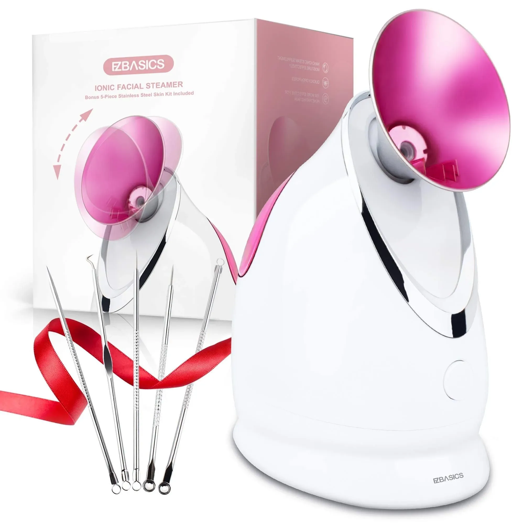 EZBASICS Facial Steamer Ionic Face Steamer for Home Facial, Warm Mist Humidifier Atomizer for Face Sauna Spa Sinuses Moisturizing, Unclogs Pores, 1 Pack + 5 Stainless Steel Skin Kit Pink