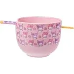 Silver Buffalo Sanrio My Melody and Kuromi Pastel Floral Pattern Ceramic Ramen Bowl with Chopsticks